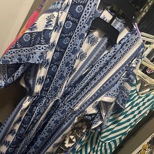 Elan Blue and White Floral Border Print Dress